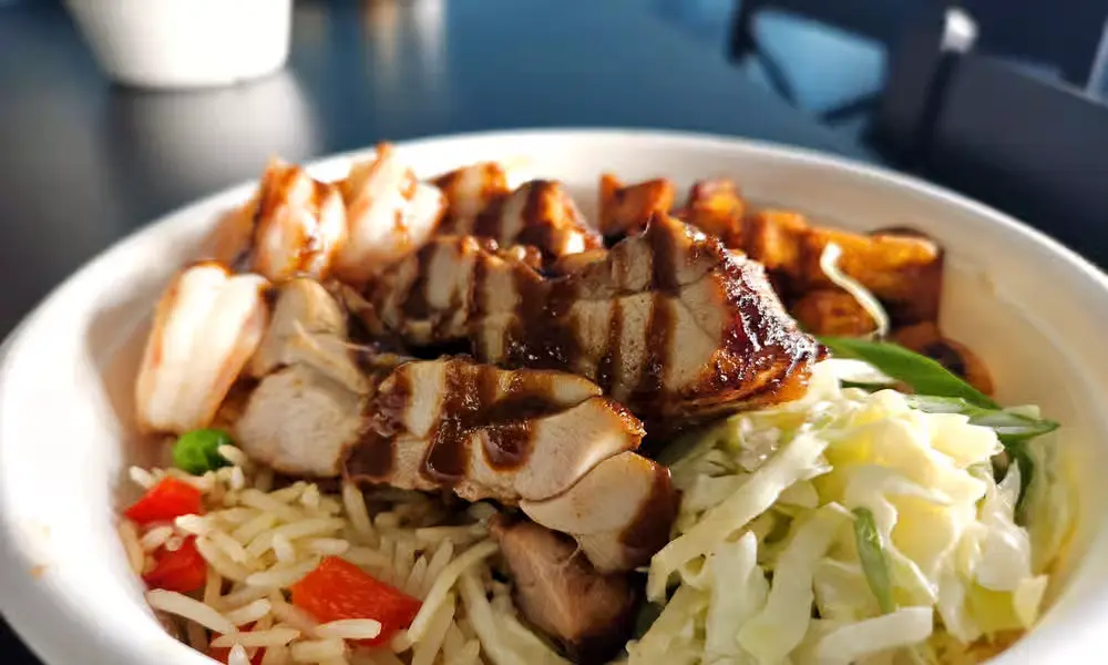 Tropical Bliss Rice Bowl - Rice with plantains and protein at Global Pot Fusion Cuisine Winnipeg